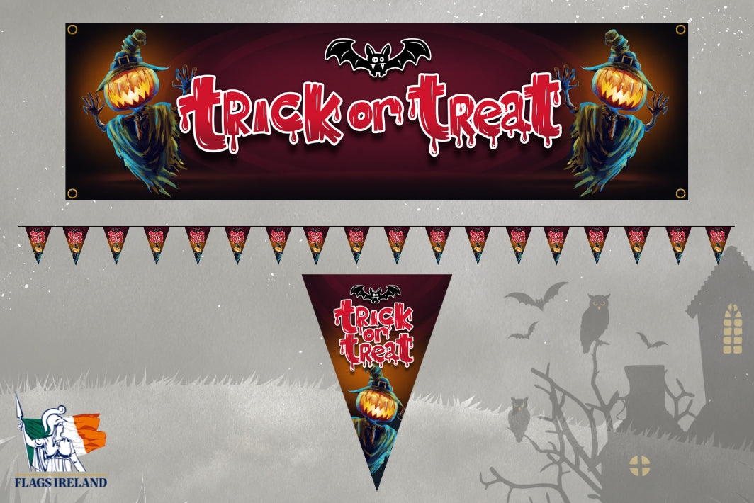 Halloween-themed flag and banner set with a large rectangular top banner reading 'Trick or Treat' in dripping red letters, a row of small triangular pennant flags below, and a smaller triangular pennant banner centered below. The designs feature spooky illustrations including bats, owls, a haunted house, bare trees, and jack-o'-lantern faces on a dark red and black background.