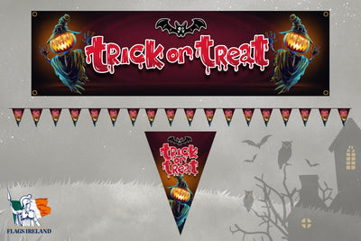 Halloween-themed flag and banner set with a large rectangular top banner reading 'Trick or Treat' in dripping red letters, a row of small triangular pennant flags below, and a smaller triangular pennant banner centered below. The designs feature spooky illustrations including bats, owls, a haunted house, bare trees, and jack-o'-lantern faces on a dark red and black background.