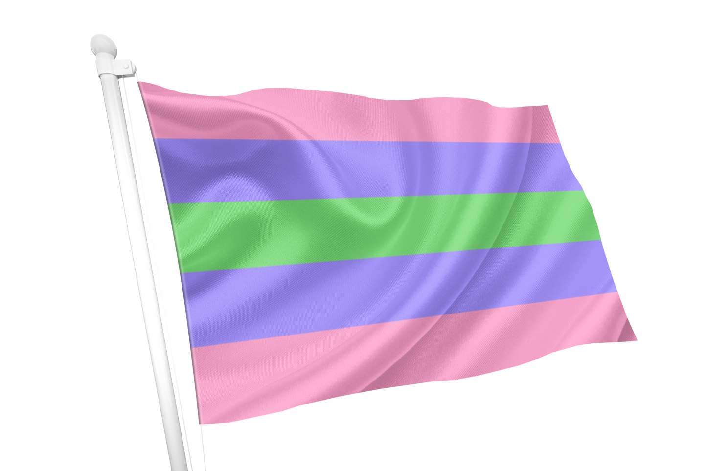 Trigender pride flag with pink, purple, and green stripes on a white background