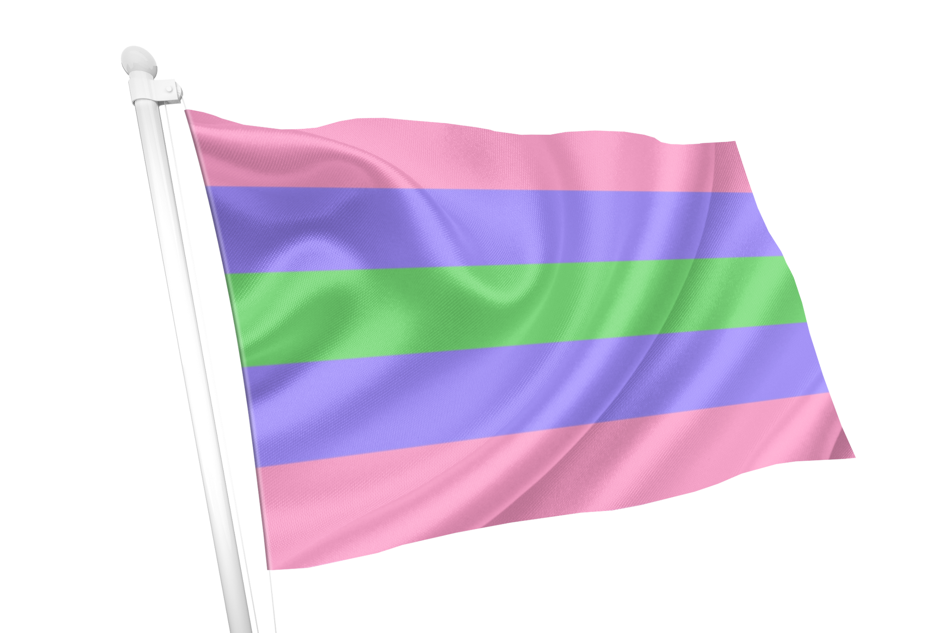 Trigender pride flag with pink, purple, and green stripes on a white background