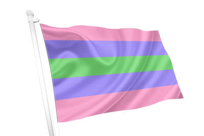 Trigender pride flag with pink, purple, and green stripes on a white background