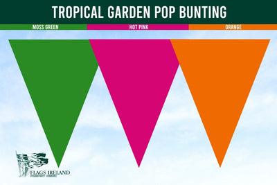 Tropical Garden Pop Bunting with green, pink, and orange flags against a blue sky.
