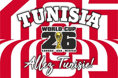 Promotional graphic for Tunisia's participation in the 2026 World Cup with red and white stripes.