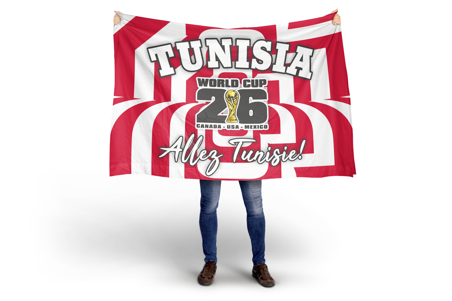 Person holding a Tunisia World Cup 2026 flag with red and white stripes on a white background