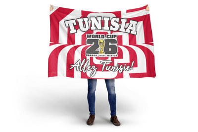 Person holding a Tunisia World Cup 2026 flag with red and white stripes on a white background