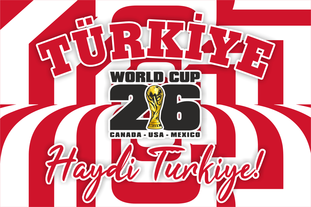 Turkish World Cup 2026 promotional graphic with red and white stripes.