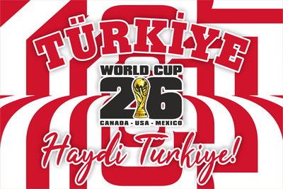 Turkish World Cup 2026 promotional graphic with red and white stripes.