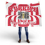 Person holding a red and white flag with Turkish text and World Cup 2026 logo.