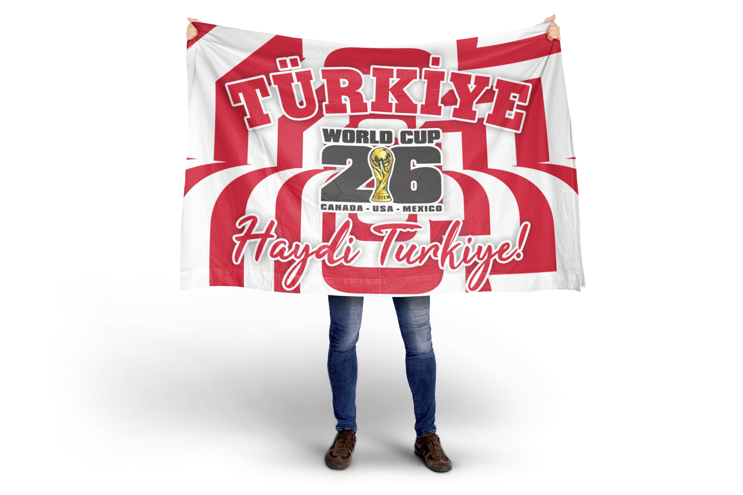 Person holding a red and white flag with Turkish text and World Cup 2026 logo.