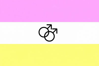 Flag with black symbols on a pink and yellow background. Twink Pride Flag.