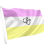 Flag with pink, white, and yellow stripes featuring a black symbol on a white background