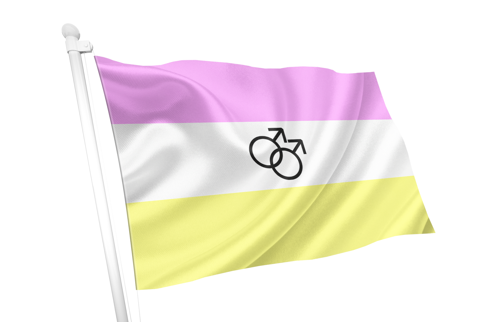 Flag with pink, white, and yellow stripes featuring a black symbol on a white background