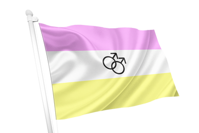 Flag with pink, white, and yellow stripes featuring a black symbol on a white background