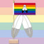 Flag with a white dove on a rainbow background, on a pastel striped background. Two-Spirit Pride