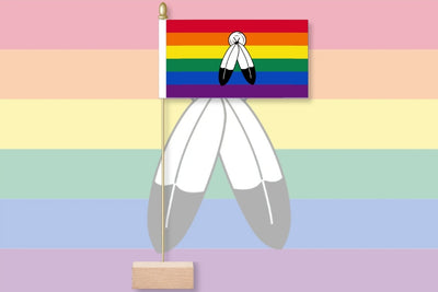 Flag with a white dove on a rainbow background, on a pastel striped background. Two-Spirit Pride