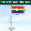 Two-Spirit Pride table flag with dimensions on a blue background