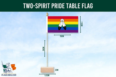 Two-Spirit Pride table flag with dimensions on a blue background