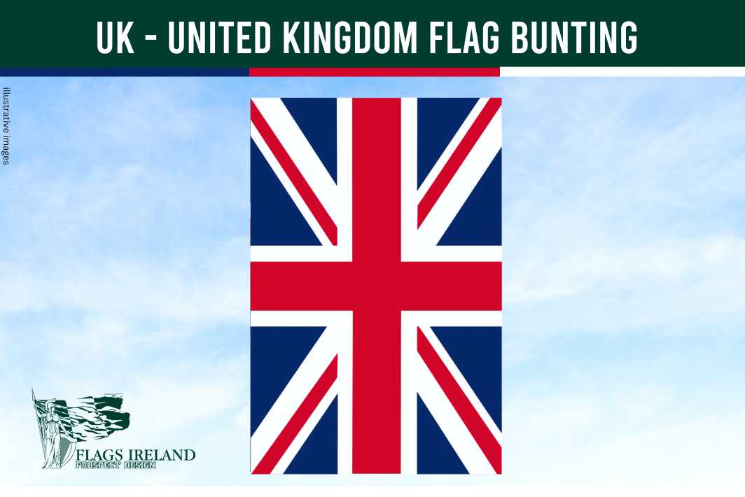 UK flag bunting with 'Flags Ireland' logo on a blue sky background
