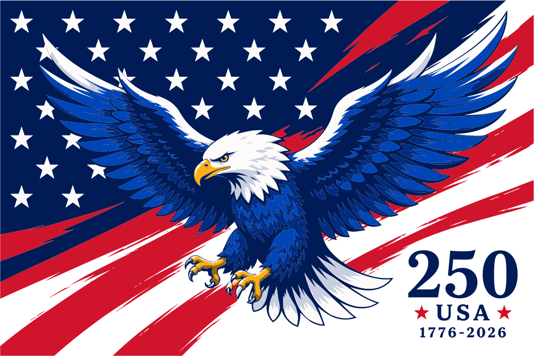 Eagle with American flag background and '250 USA 1776-2026' text