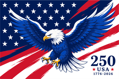 Eagle with American flag background and '250 USA 1776-2026' text