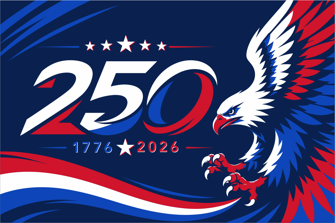 Design celebrating 250 years with an eagle and stars on a blue background