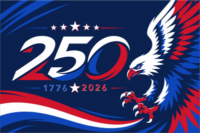 Design celebrating 250 years with an eagle and stars on a blue background