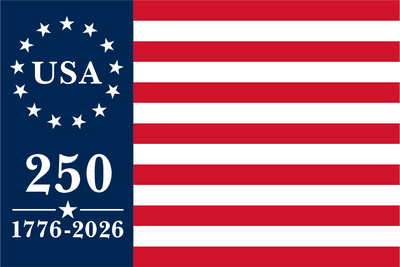 American flag with 'USA 250' and '1776-2026' text on a blue background