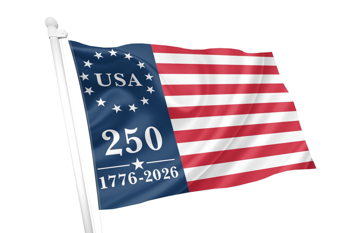 American flag with 'USA 250' text on a white background