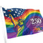 Flag with rainbow design featuring the Statue of Liberty and text celebrating 250 years of freedom.