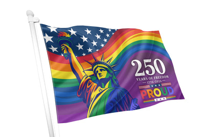 Flag with rainbow design featuring the Statue of Liberty and text celebrating 250 years of freedom.