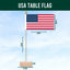 USA table flag with a wooden base, metal pole, and gold finial, shown with dimension labels against a light blue sky background. A dark green banner at the top reads 'USA TABLE FLAG,' and a 'Flags Ireland' logo appears in the lower left.