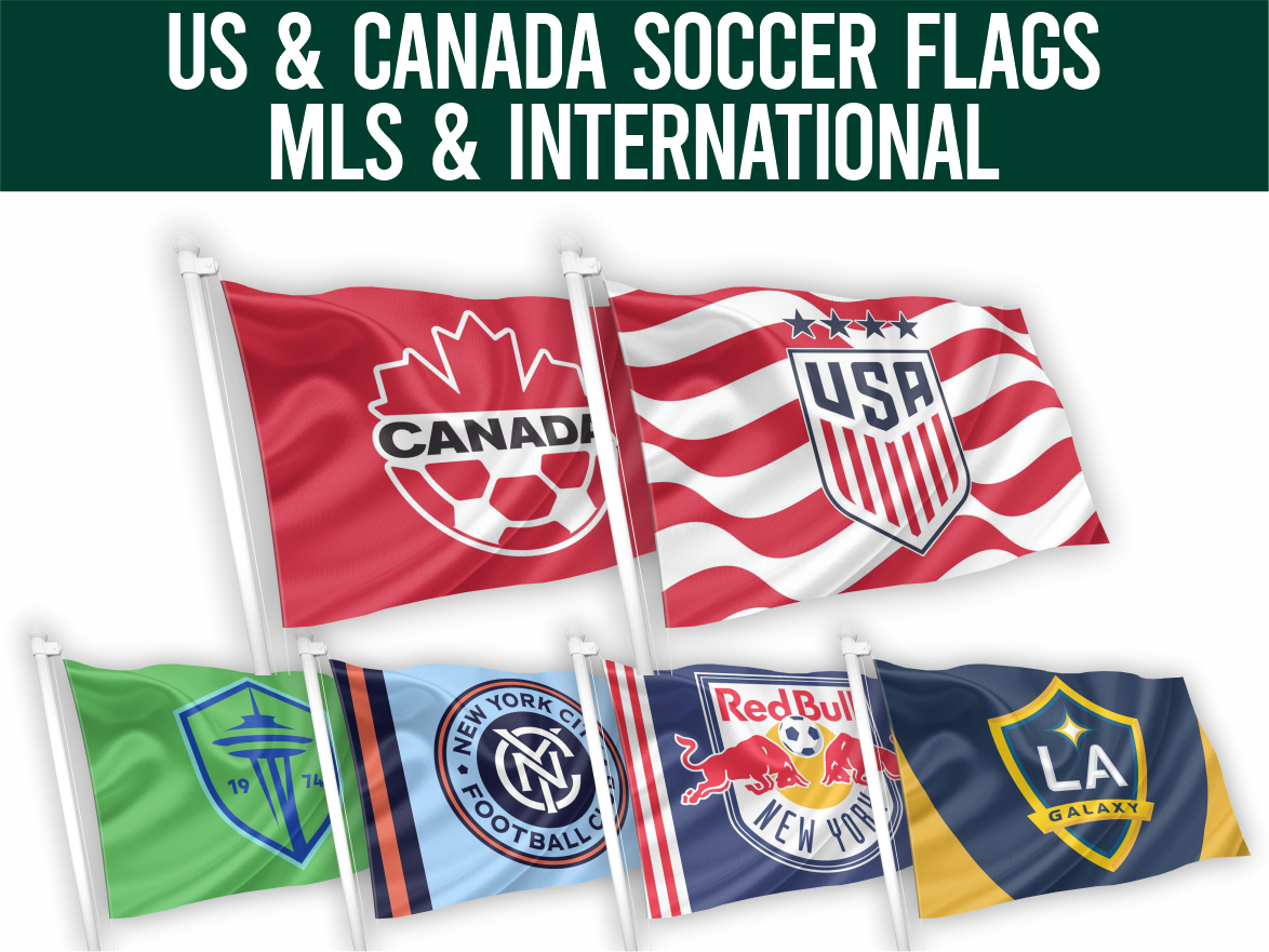 Flags of the USA, Canada, and various sports teams on a white background with text about MLS and international flags.