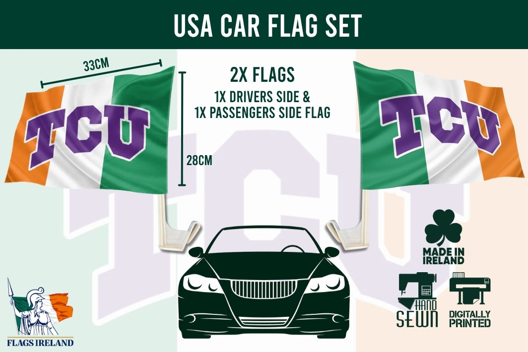 Texas Christian University TCU Ireland Car Flag with plastic pole showing all measurements. 