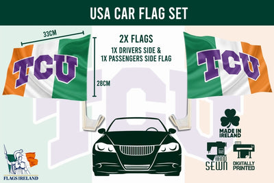 Texas Christian University TCU Ireland Car Flag with plastic pole showing all measurements. 