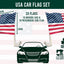 USA car flag set graphic showing two small American flags mounted on poles above a car silhouette, with text indicating 2 flags, 33cm by 28cm dimensions, and a 'Made in Ireland' badge. Brand/logo 'Flags Ireland' appears at bottom left.