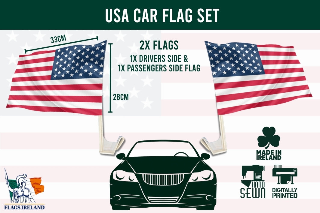 USA car flag set graphic showing two small American flags mounted on poles above a car silhouette, with text indicating 2 flags, 33cm by 28cm dimensions, and a 'Made in Ireland' badge. Brand/logo 'Flags Ireland' appears at bottom left.