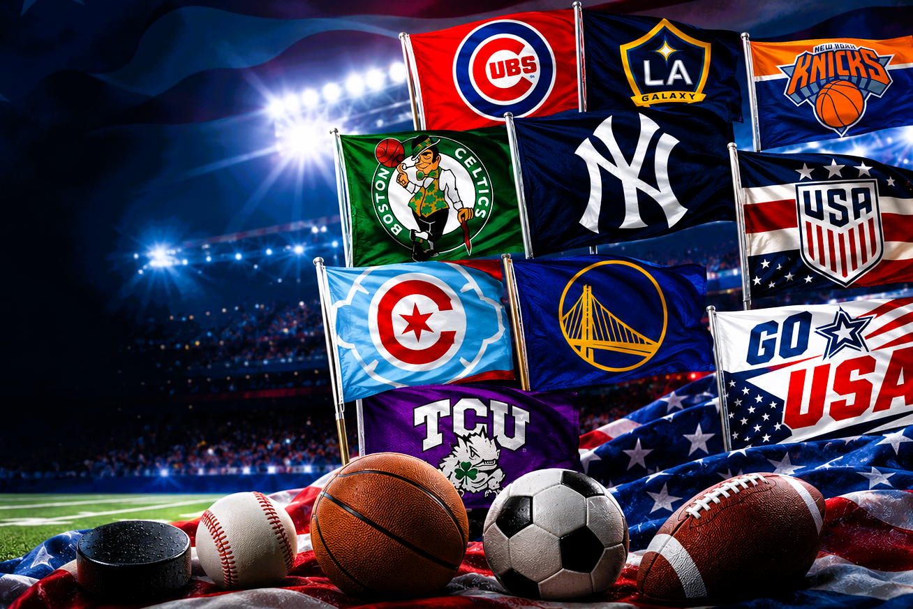 A collage of sports team flags and multiple sports balls arranged on a field with stadium lights and an American flag background. Visible team logos include Chicago Cubs, Los Angeles Angels, New York Yankees, Chicago Fire, Boston Red Sox, New York Knicks, Los Angeles Clippers, Tampa Bay Buccaneers, Golden State Warriors, Dallas Cowboys, TCU, and USA.