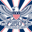 Eagle emblem with 1776-2026 text on a blue, white, and red striped background