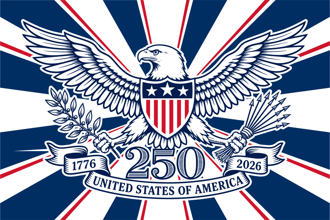 Eagle emblem with 1776-2026 text on a blue, white, and red striped background