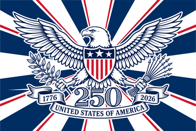 Eagle emblem with 1776-2026 text on a blue, white, and red striped background