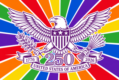 Eagle emblem with rainbow pride background celebrating 250 years of United States of America