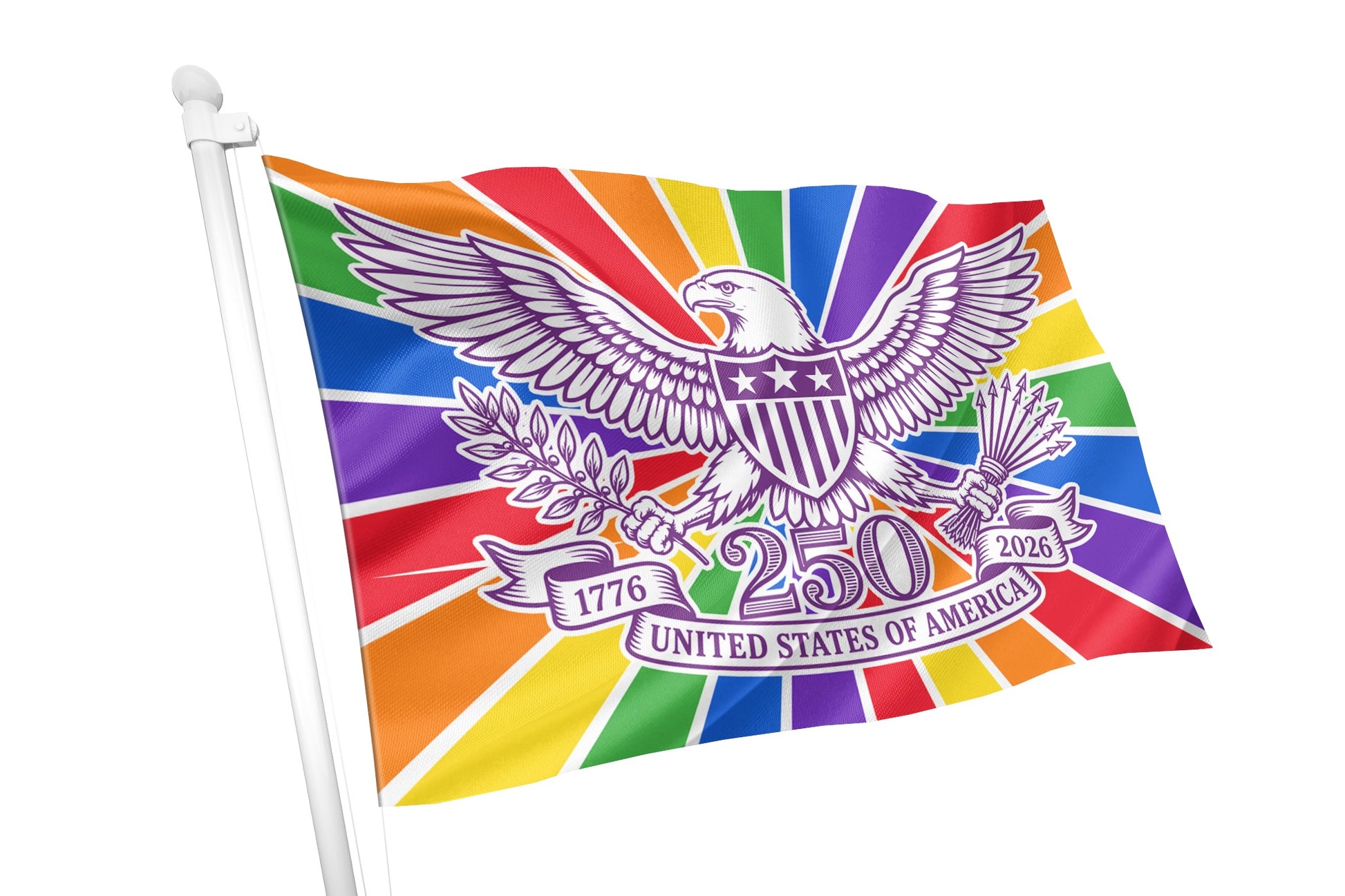 Colorful flag with an eagle emblem and 'United States of America' text on a white background
