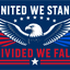 Eagle graphic with 'United We Stand, Divided We Fall' text on a blue background with red and white stripes.