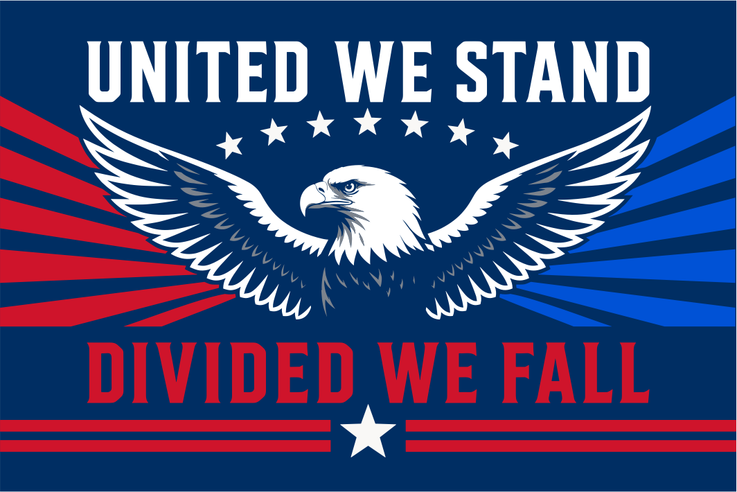 Eagle graphic with 'United We Stand, Divided We Fall' text on a blue background with red and white stripes.