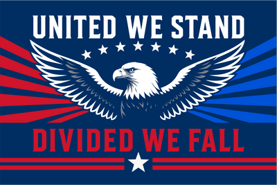 Eagle graphic with 'United We Stand, Divided We Fall' text on a blue background with red and white stripes.