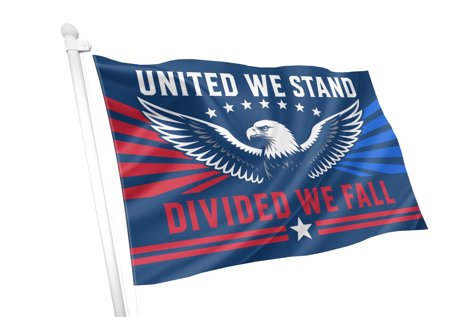 Flag with eagle design and text 'United We Stand, Divided We Fall' on a white background