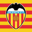 Valencia C.F. logo on a yellow and red striped background