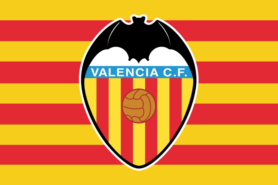 Valencia C.F. logo on a yellow and red striped background