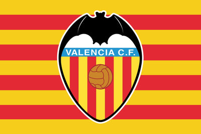 Valencia C.F. logo on a yellow and red striped background