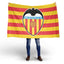 Person holding a Valencia C.F. flag with red and yellow stripes and a logo.